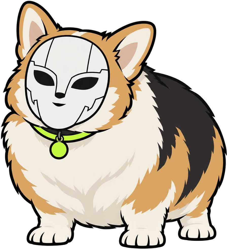 Batman, a chubby tan, cream and black dog wearing a white segmented mask and a lime collar